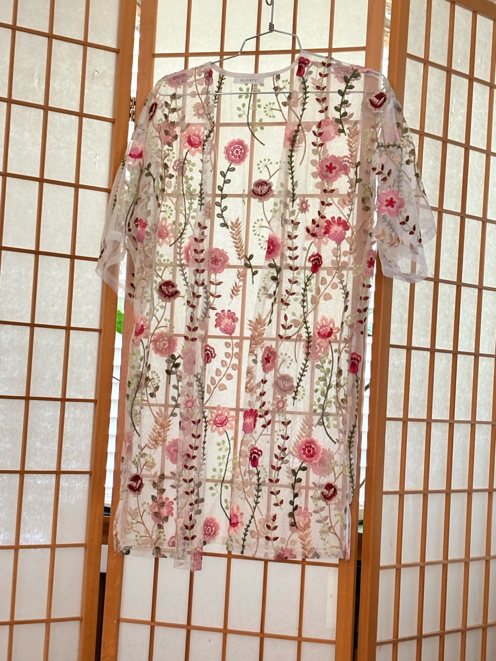 Glance Sheer Floral Embroidered Swim Coverup - Pink & Green L